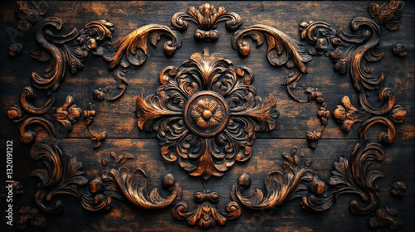 Fototapeta Intricate hand carved wooden texture with ornate floral patterns