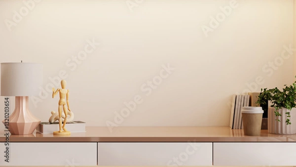 Fototapeta Wooden table and accessories decor in living room interior on empty white tone background- 3D rendering