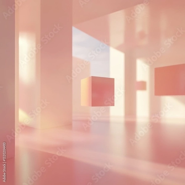 Fototapeta Pink room, floating cubes, sunlight, serene background, product display