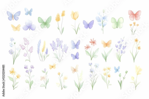 Fototapeta Watercolor Illustration of Pastel Butterflies and Flowers: A Collection of Delicate Springtime Botanicals and Insects, Perfect for Design Projects.