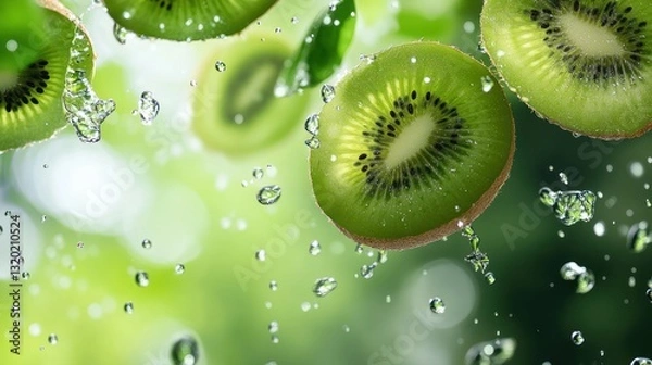 Fototapeta Fresh kiwi slices in motion, splashing water droplets. Vibrant green fruit, with water drops and foliage background