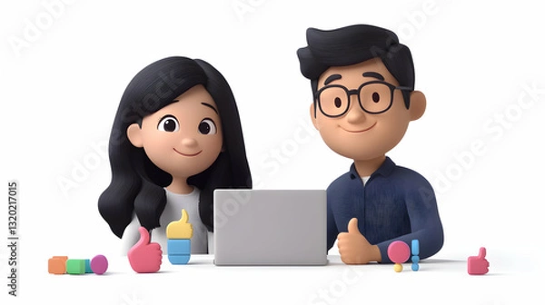 Obraz 3D Cartoon Illustration of a Man and Woman Working on a Laptop