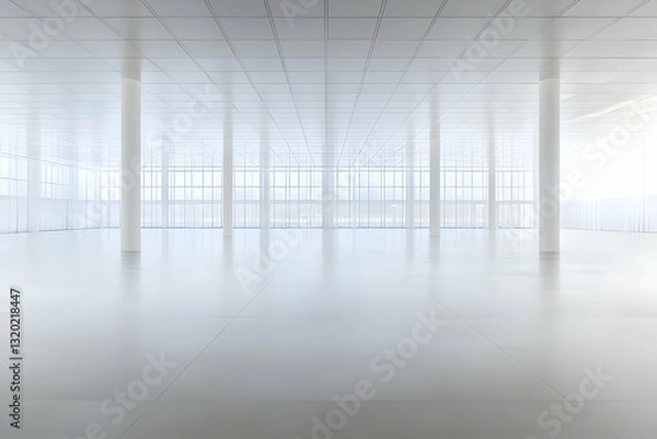 Fototapeta Modern minimalist architecture showcases a spacious, bright interior with a gridded ceiling and floor-to-ceiling windows, creating a clean, contemporary aesthetic.