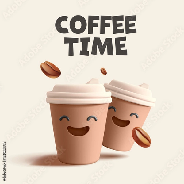Obraz Coffee time. 3D funny characters of coffee cups. Emoji, coffee beans. Modern template for advertising hot coffee drinks, fun time with friends. Vector illustration.