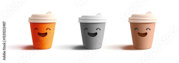 Obraz Set of fun colored coffee cups with lids, 3D. For coffee advertising concepts, hot drinks. Cheerful emojis, funny, crazy. Icons isolated on white background. Vector illustration.