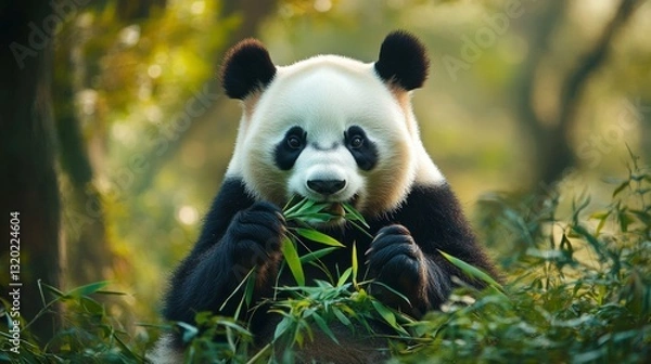 Fototapeta Giant panda eating bamboo in a lush green forest generative ai