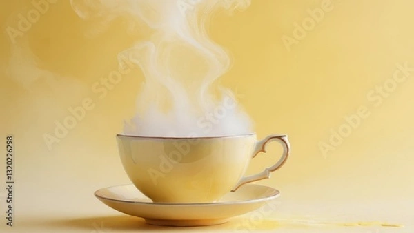 Obraz  A serene moment captured in a steaming cup of tea against a soft yellow background