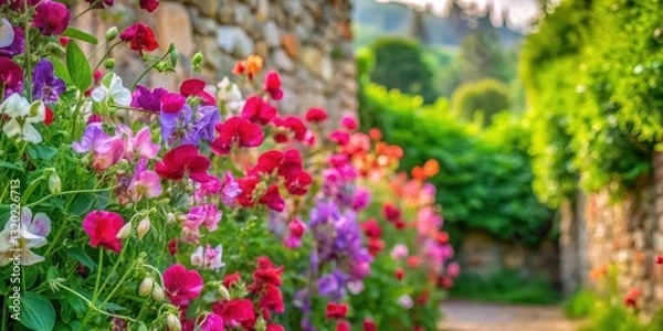 Fototapeta Colorful sweet pea blossoms in a lush garden with a natural stone wall and overgrown vines, surrounded by greenery and vibrant flowers , overgrown vines, garden wall