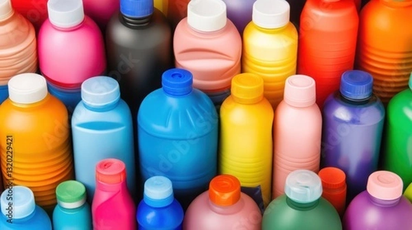 Obraz Colorful Collection of Plastic Bottles in Various Shapes and Sizes on Display, Showcasing Vibrant Hues and Diverse Designs