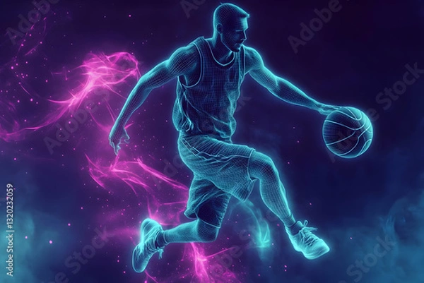 Obraz 3D Wireframe Basketball Player Leaps with Ball, Abstract Background of Neon Hues
