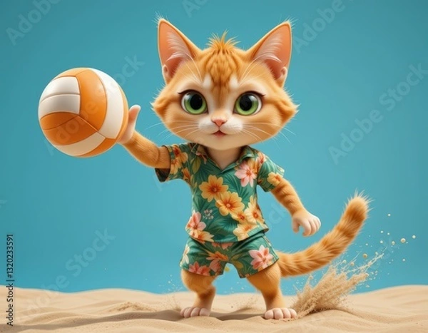 Fototapeta Cat Ready to Serve Volleyball on Beach Wearing Hawaiian Outfit