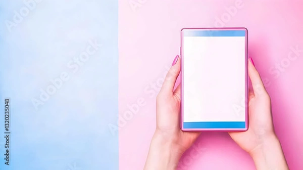 Fototapeta Pink Tablet Held in Hands Against Pastel Background: A Minimalist Digital Device Illustration