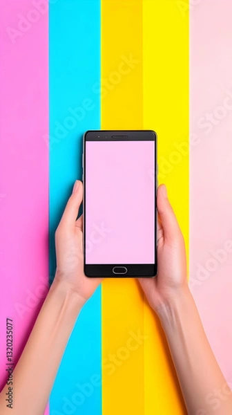 Fototapeta Hands hold smartphone with pink screen against vibrant colorful background, illustrating mobile app design concept.