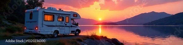 Fototapeta RV parked lakeside, sunset hues reflecting on water, explore, adventure