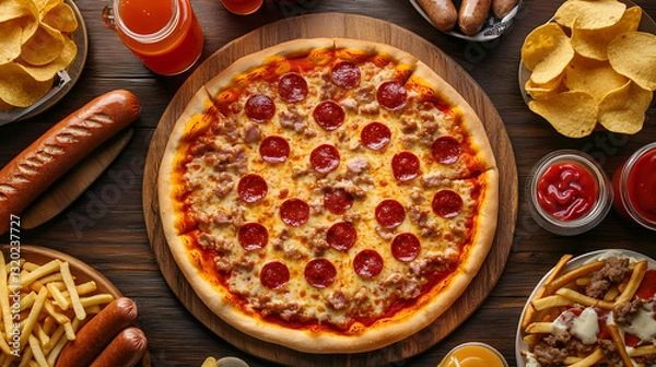 Fototapeta A Feast for the Senses: A mouthwatering pizza takes center stage amidst a collection of classic and tempting fast food favorites. The arrangement showcases a delightful array of flavors and textures.