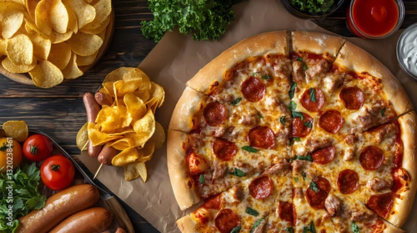 Obraz Savory Feast: A vibrant, overhead perspective captures a mouthwatering array of food items, from a large, freshly baked pizza to golden potato chips.