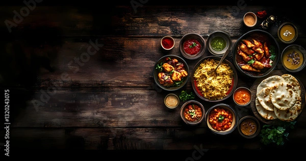 Fototapeta Indian Food Feast:  A vibrant spread of Indian cuisine with a diverse range of flavorful curries, succulent tandoori chicken, fragrant rice dishes, and warm, fluffy naan bread.