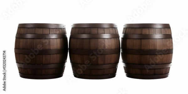 Obraz Three Dark Brown Wooden Barrels Arranged in a Row on White Background; Rustic, Vintage, Storage, Decorative