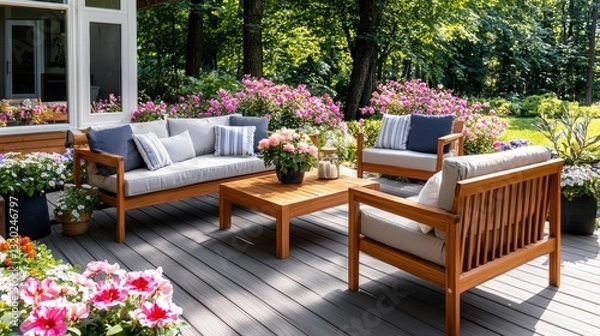 Obraz Cozy outdoor patio featuring a stylish couch and table surrounded by blooming flowers and natural beauty