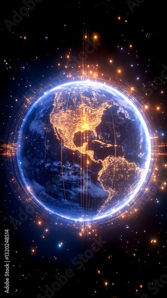 Fototapeta 3D Digital Earth Illustration: Illuminated Globe with Network Connections and Cosmic Background