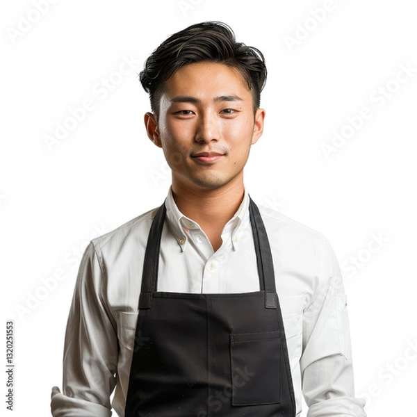 Fototapeta Confident young male in apron smiling on transparent background ready for service