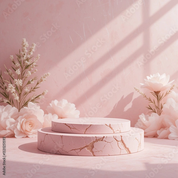 Fototapeta Blank Contemporary pink Stone Podium, front view focus, with pink cloud Background, ideal for eco-friendly and skincare product displays.