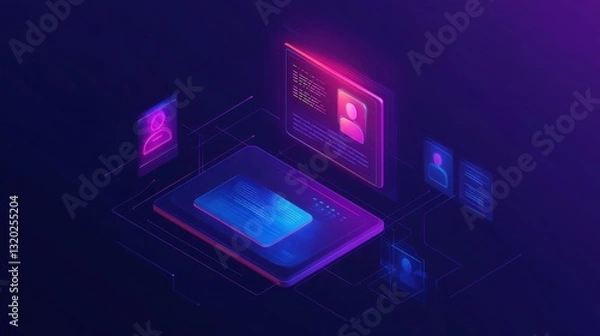 Fototapeta Futuristic Digital Interface Concept with User Profiles and Data Visualization in Neon Color Scheme for Technology and Cybersecurity Themes