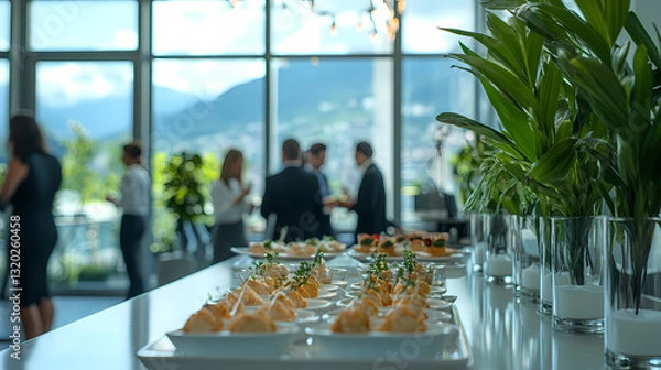 Fototapeta Corporate Catering: Delicious canapés and appetizers artfully arranged on a long table, set against a backdrop of a modern office with colleagues networking.