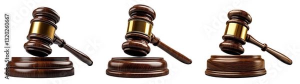 Fototapeta wooden gavel with gold band on sound block, three angles, isolated on white background