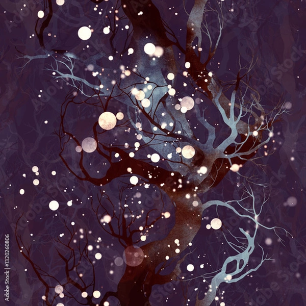 Obraz Mystical tangled branches intertwining in a cosmic dance, illuminated by glowing orbs. A fusion of nature and abstraction, evoking mystery, connection, and the eternal cycle of life and decay.