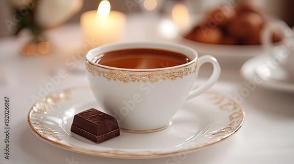 Fototapeta Elegant Teacup Chocolate And Candles Delightful Scene