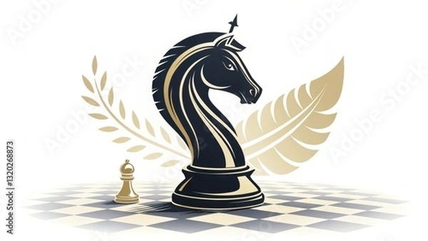 Fototapeta A stylized black chess knight stands prominently, with a pawn nearby, set against a checkered background and surrounded by elegant leaves.