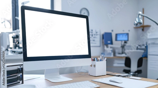 Obraz A stylish computer monitor with a white screen stands on a wooden table in a clean, organized office. A mockup of a personal computer monitor in a medical laboratory