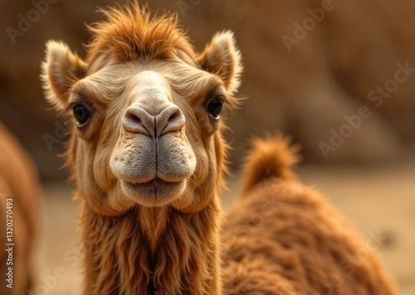 Obraz Close-up portrait of a camel with expressive eyes and soft fur in a desert background