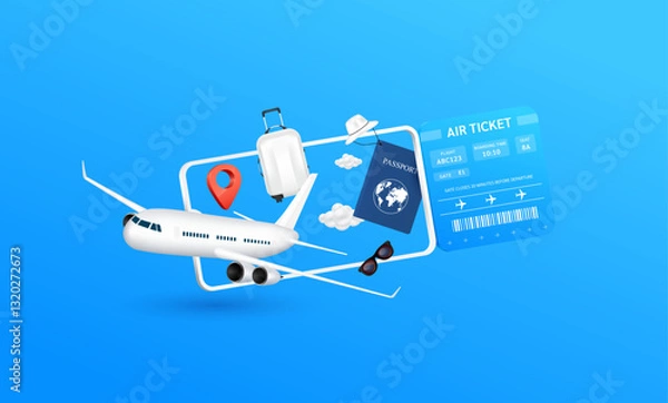 Fototapeta Airplane floats out of the ticket with passport and luggage bag. Clouds, hats, glasses, pins floating around. Air travel and tourism concept. Vector EPS10 illustration.