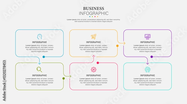 Fototapeta Line step infographic. 6 options workflow diagram, number infograph, process steps chart with line icons. Information vector concept. Illustration of step information chart and infographic 