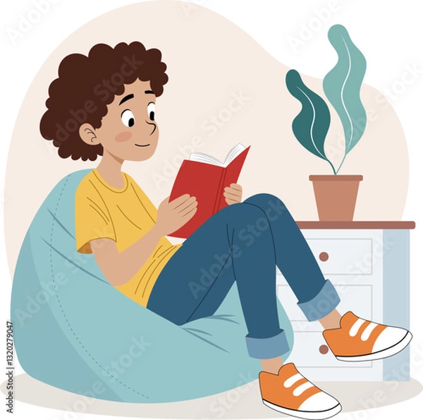 Obraz Illustration of a boy sitting comfortably on a bean bag chair while reading a book. His pose is relaxed and focused.