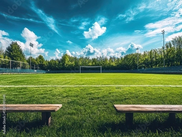 Obraz Lush Green Soccer Field Under a Blue Sky with Fluffy Clouds