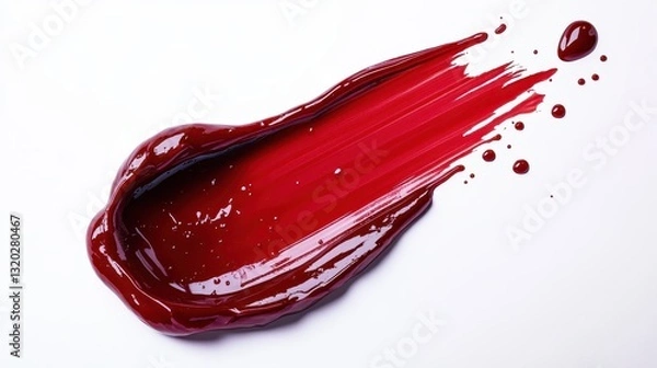 Fototapeta Swiped crimson paint, glossy texture, splatters. Ideal for cosmetics, beauty, and art projects needing vibrant color.