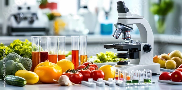 Fototapeta Nutritional Science: A vibrant collection of fresh produce and scientific tools, showcasing the intersection of food and research, creating a visual symphony of health and innovation.
