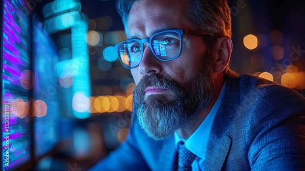 Fototapeta Serious businessman analyzing data on multiple screens