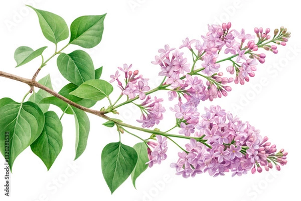 Fototapeta Beautiful lilac branch with clusters of soft purple flowers and green leaves, isolated on a white background - geneRATED BY AI