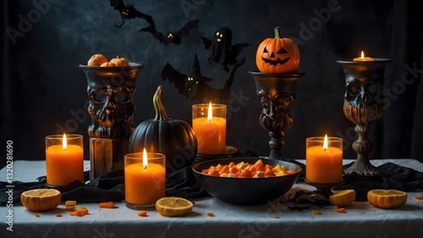 Fototapeta Frightful Feast: A Haunted Table of Halloween Delicacies
