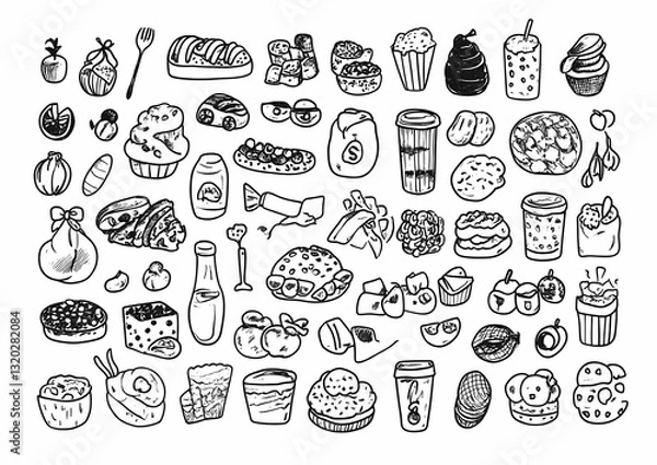 Obraz Culinary Collage: A whimsical collection of hand-drawn food illustrations, showcasing a delightful assortment of baked goods, desserts, and beverages.