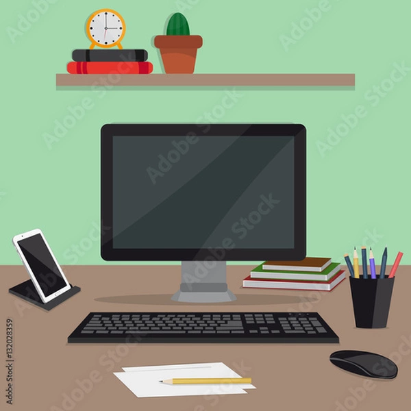 Obraz Workplace table. A computer. The modern concept, flat style. For your design.