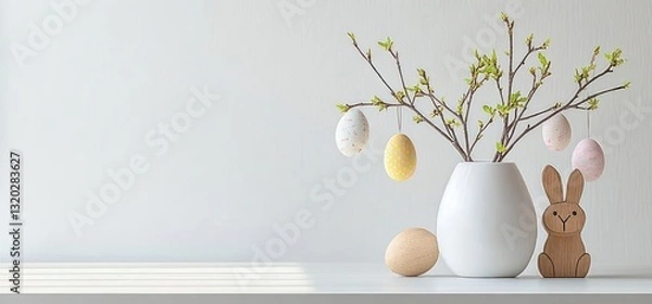 Fototapeta Spring Easter Still Life with White Vase Branches Colorful Eggs and Wooden Bunny in Scandinavian Design