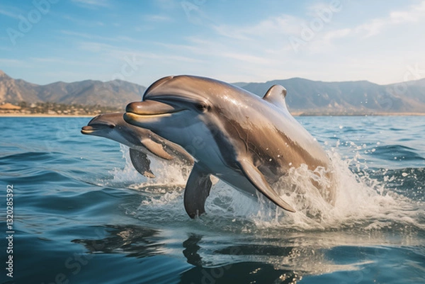 Fototapeta A dolphin leaping out of the ocean. Dolphins leaps and plays in the ocean waves