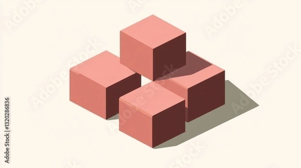 Fototapeta Four pink cubes arranged in a plus sign shape, isometric view with shadows.