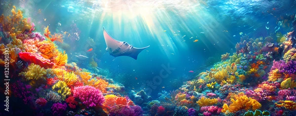 Fototapeta Underwater Paradise: A breathtaking panorama unfolds beneath the waves, showcasing a vibrant coral reef teeming with life, where a graceful manta ray glides through the sunlit waters