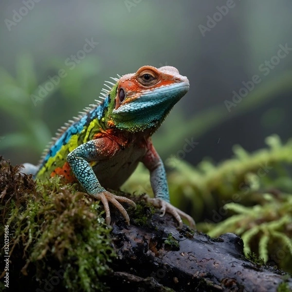 Fototapeta Multicolored Lacertidae Lizard on Mossy Log